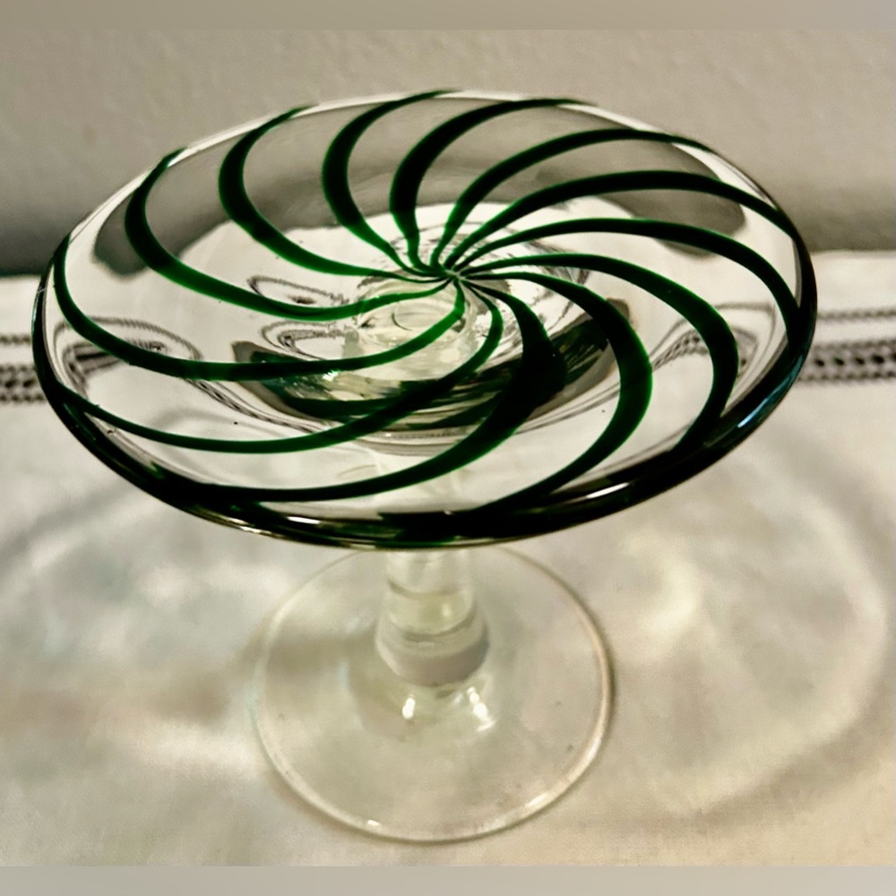 Vintage, green swirl, art glass pedestal dish. 5.5”x4.75”